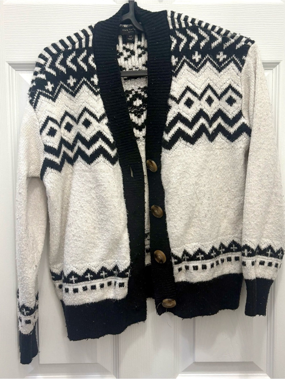 Ann Taylor Black and White Fair Isle Shawl-Collar Cardigan